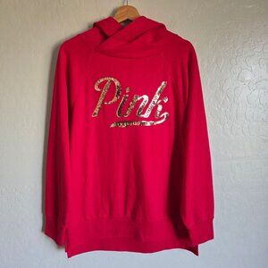 PINK Victoria's Secret Gold Sequins Bling Oversized Hoodie Pullover Red Sz S NEW